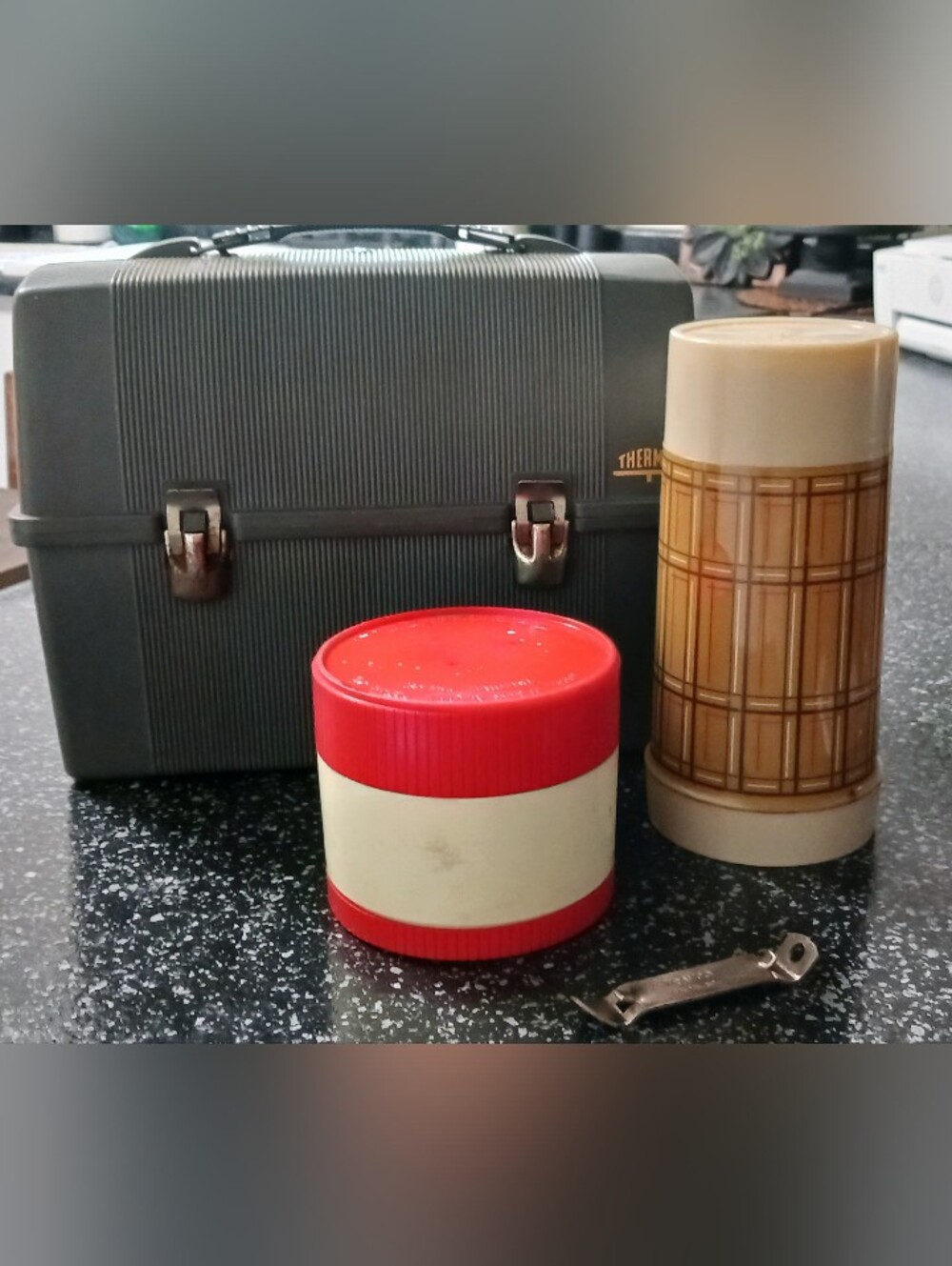Vintage Thermos Grey Lunchbox and  drink/food thermos holders, can opener